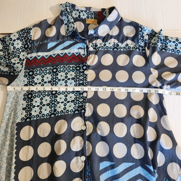 Tulip Women's Oversized Small Multi-Color Patchwork Asymmetric Button Tunic Top - Picture 11 of 15